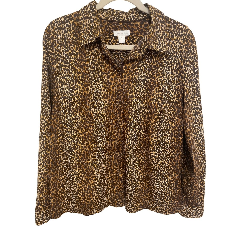 Charter Club Button Down Shirt Leopard Print Brown‎ Cotton Blend Size 16